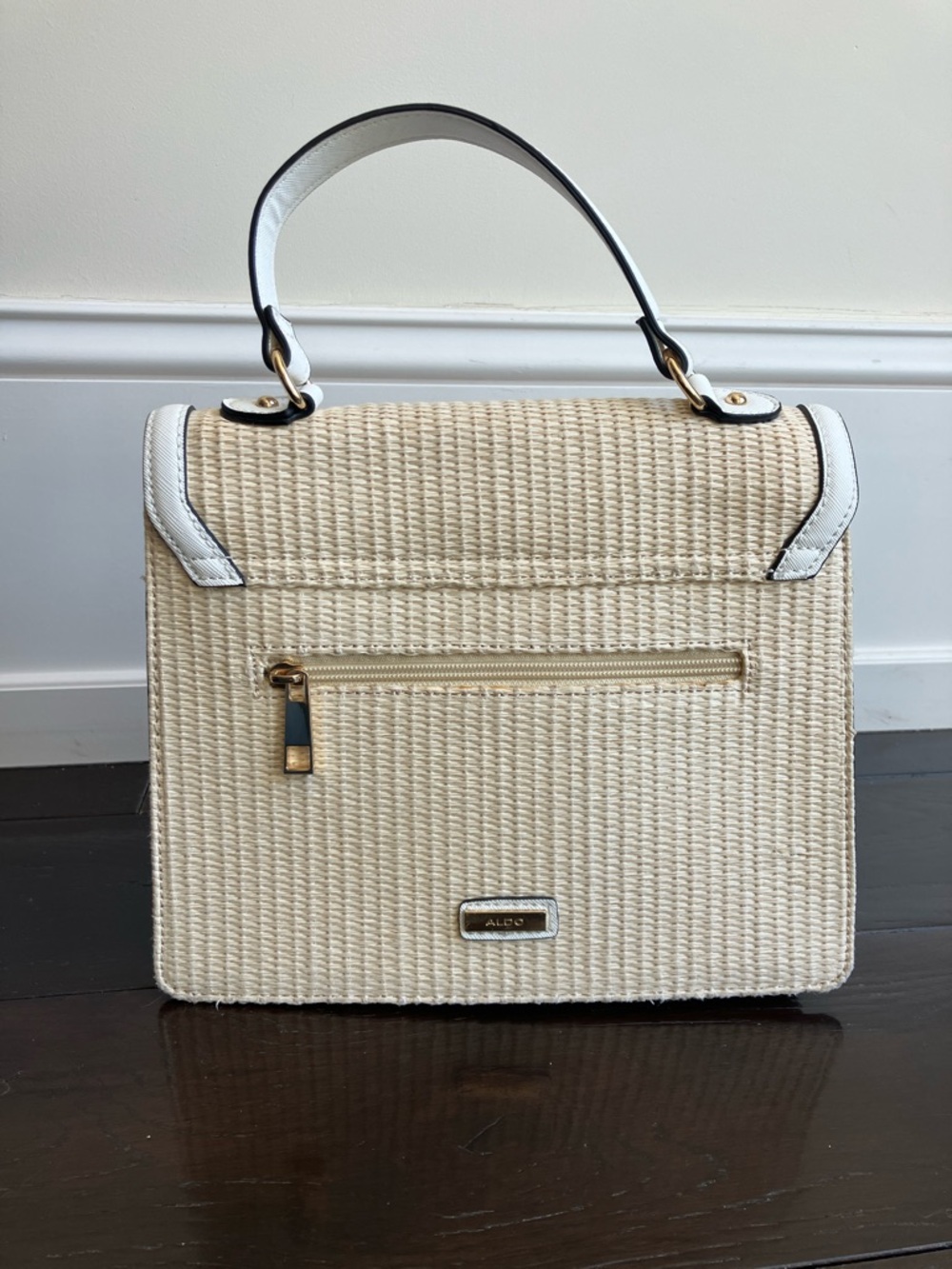 ALDO White-Trim Beige Straw Woven Top-Handle Satchel with Gold Hardware - Picture 4 of 12